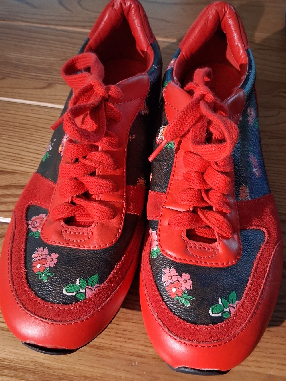 Coach Rebecca Red Floral Leather & Suade Lace-Up Sneakers